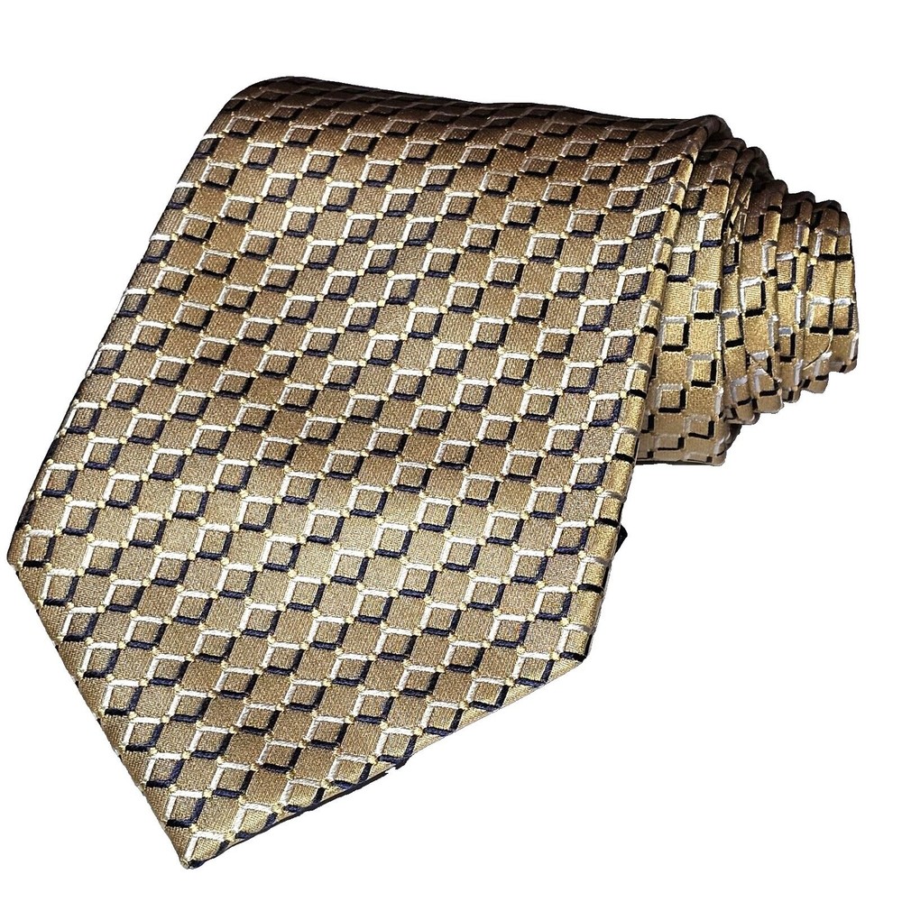 Geoffrey Beene Silk Tie Gold Black Geometric Men Necktie Handmade 57x3.75